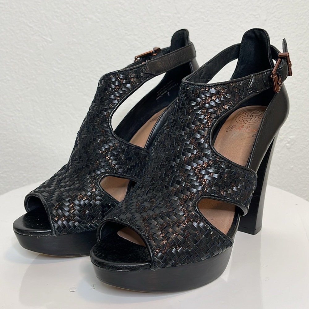 ELLIOTT LUCCA BERNADETTE BLACK WOVEN LEATHER PEEP TOE PLATFORM HEELS **NWOT** - Picture 4 of 16